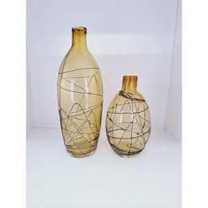X2 Vintage Art Glass Vases. Amber  With Black‎ Swirls. Stands  12" 8" Tall MCM